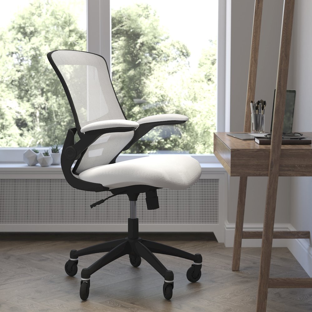Mid-Back White Mesh Swivel Task Office Chair with Flip-Up Arms and Roller Wheels. Picture 2