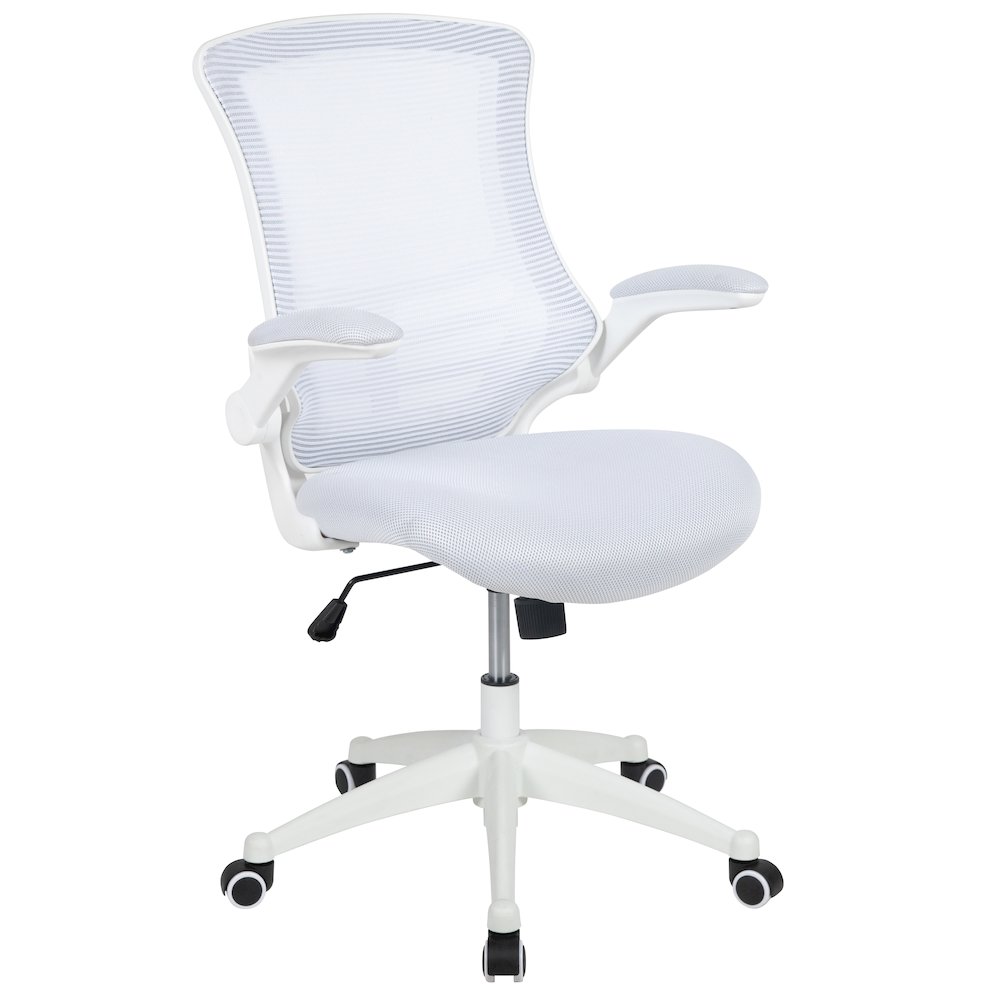Mid-Back White Mesh Swivel Ergonomic Task Office Chair with White Frame and Flip-Up Arms. Picture 1