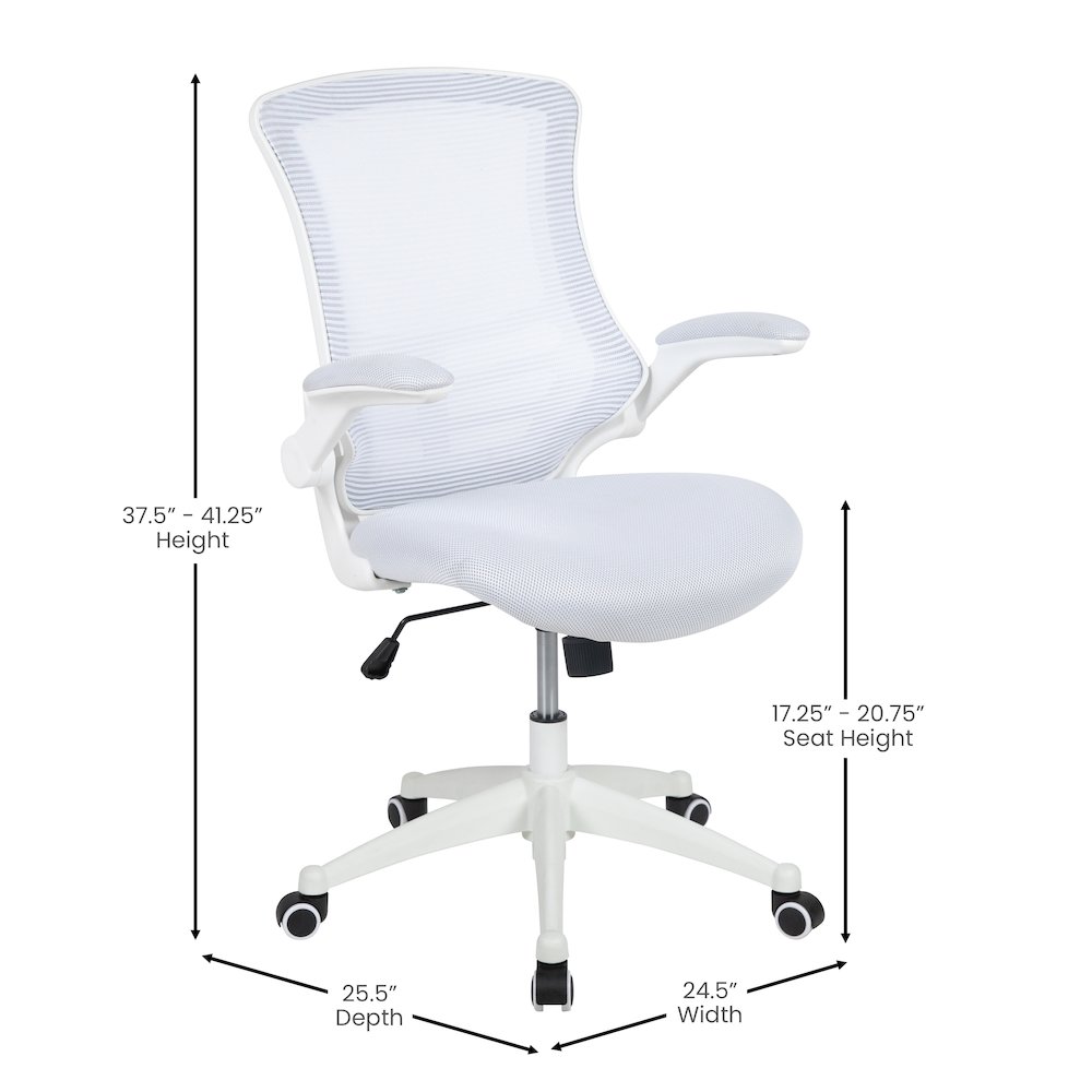 Mid-Back White Mesh Swivel Ergonomic Task Office Chair with White Frame and Flip-Up Arms. Picture 2