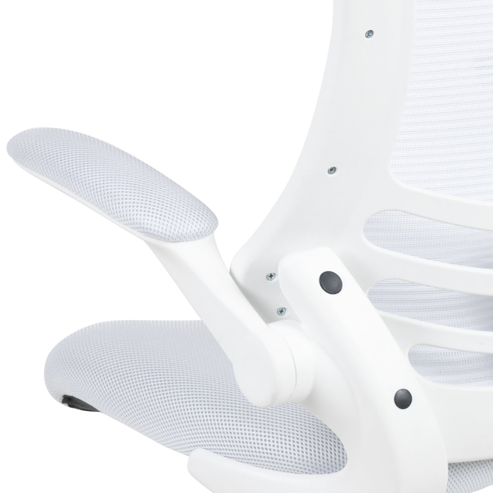 Mid-Back White Mesh Swivel Ergonomic Task Office Chair with White Frame and Flip-Up Arms. Picture 8
