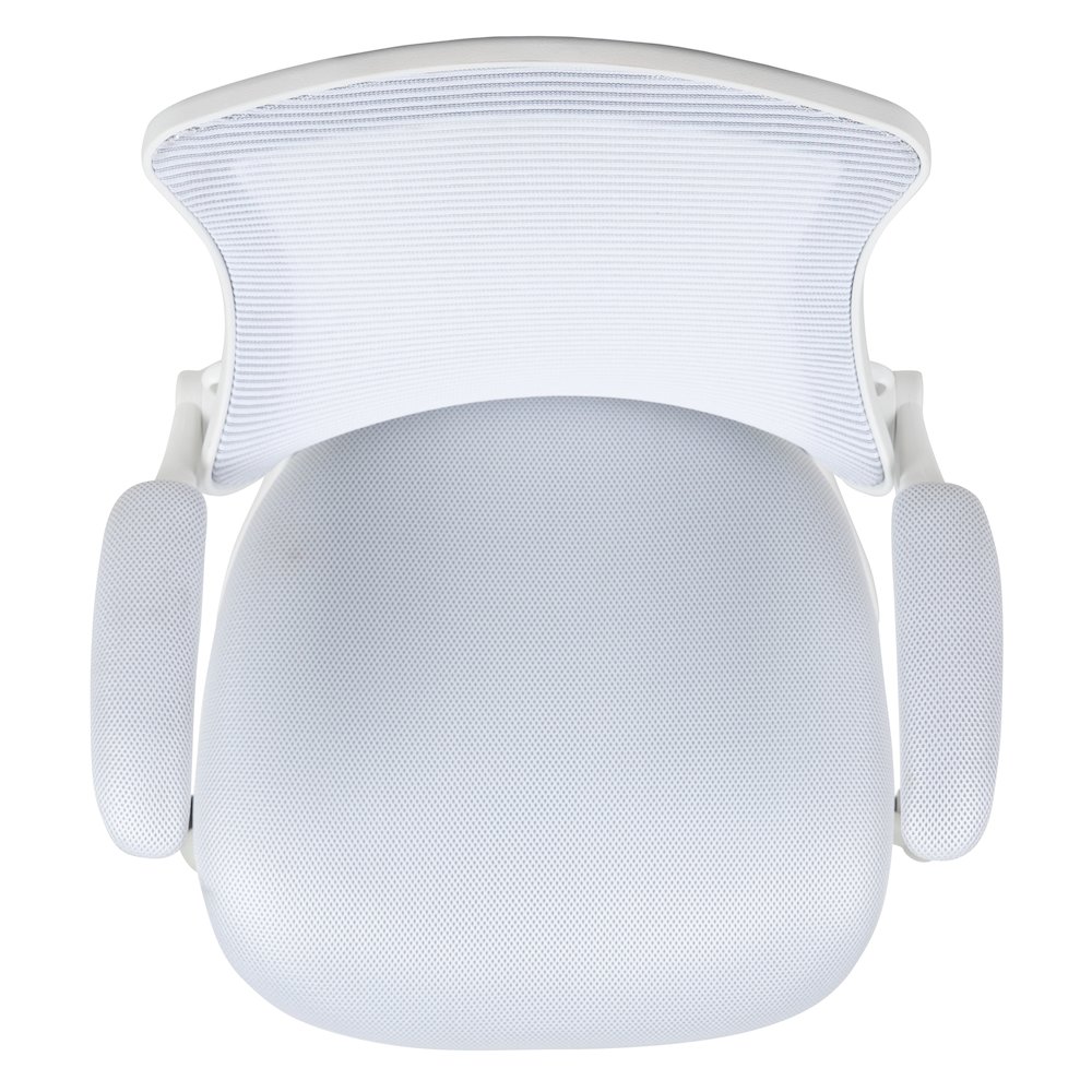 Mid-Back White Mesh Swivel Ergonomic Task Office Chair with White Frame and Flip-Up Arms. Picture 9