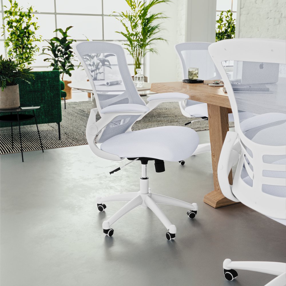 Mid-Back White Mesh Swivel Ergonomic Task Office Chair with White Frame and Flip-Up Arms. Picture 11