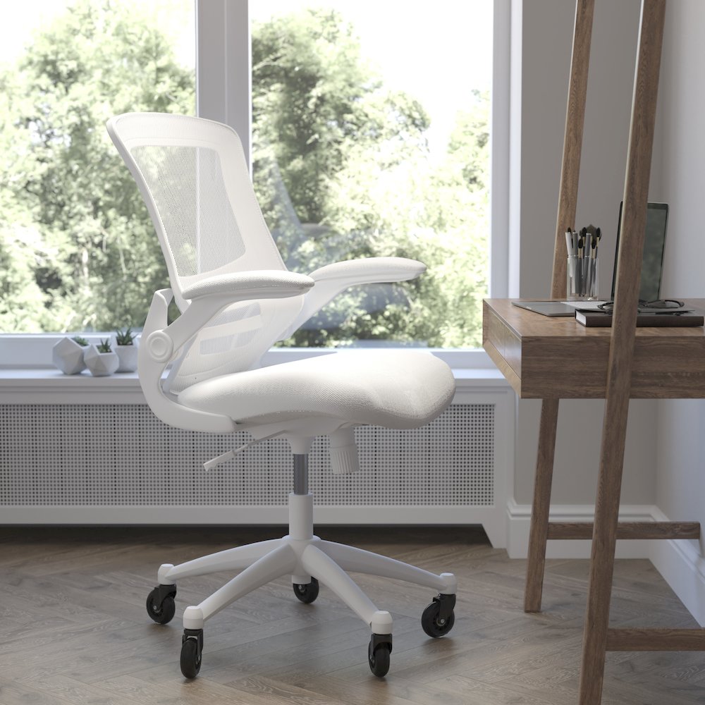Mid-Back White Mesh Swivel Task Office Chair with White Frame. Picture 2