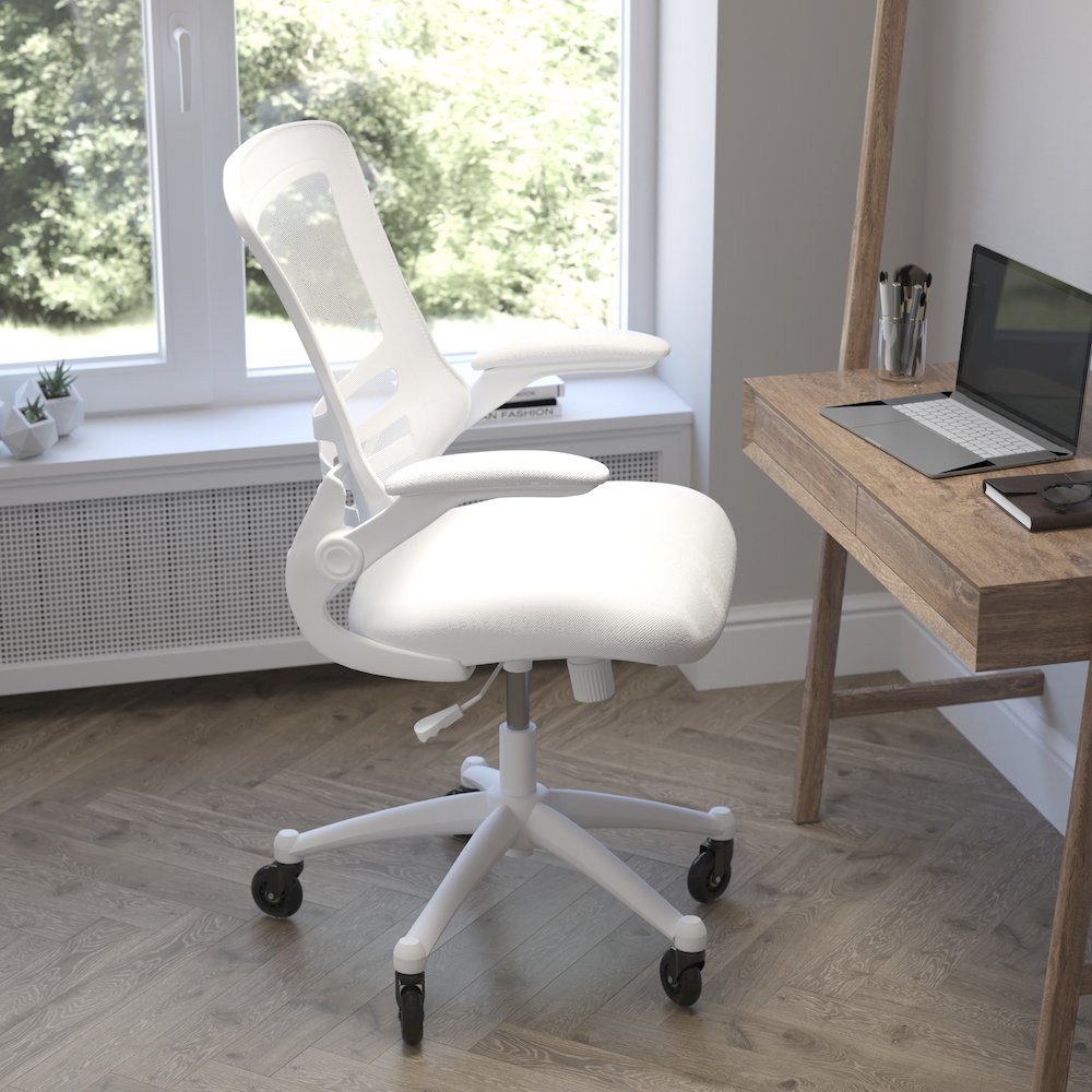 Mid-Back White Mesh Swivel Task Office Chair with White Frame. Picture 6