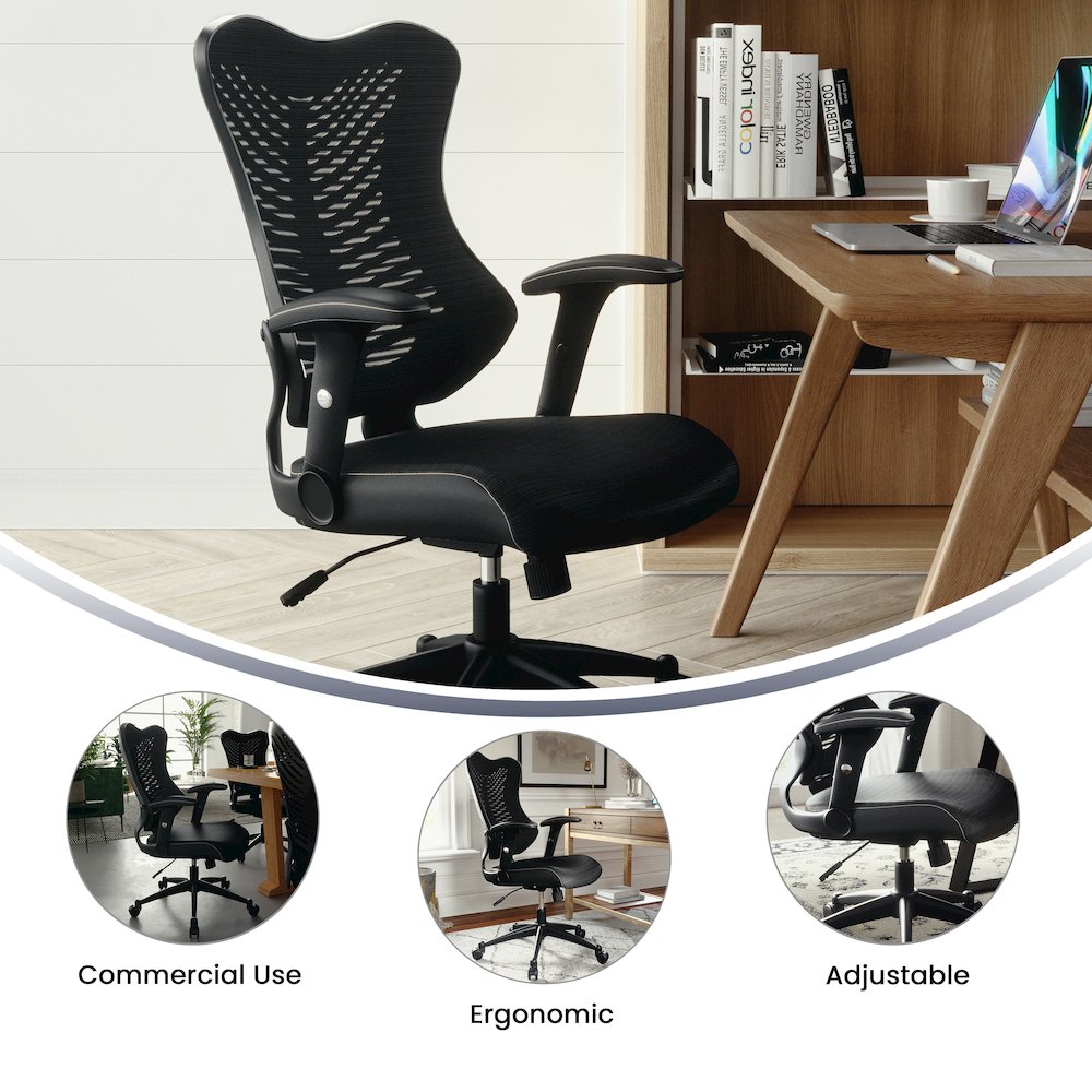 High Back Designer Black Mesh Executive Swivel Office Chair with Adjustable Arms. Picture 6