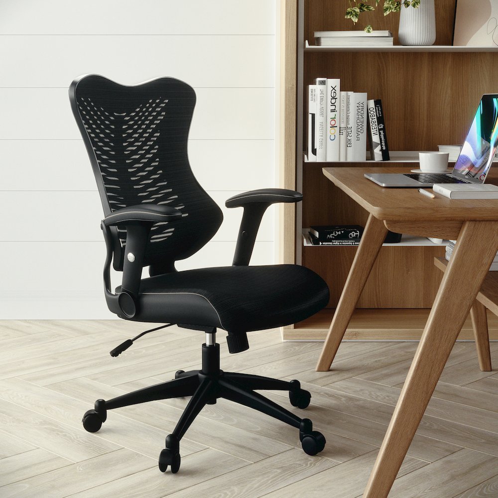High Back Designer Black Mesh Executive Swivel Office Chair with Adjustable Arms. Picture 3
