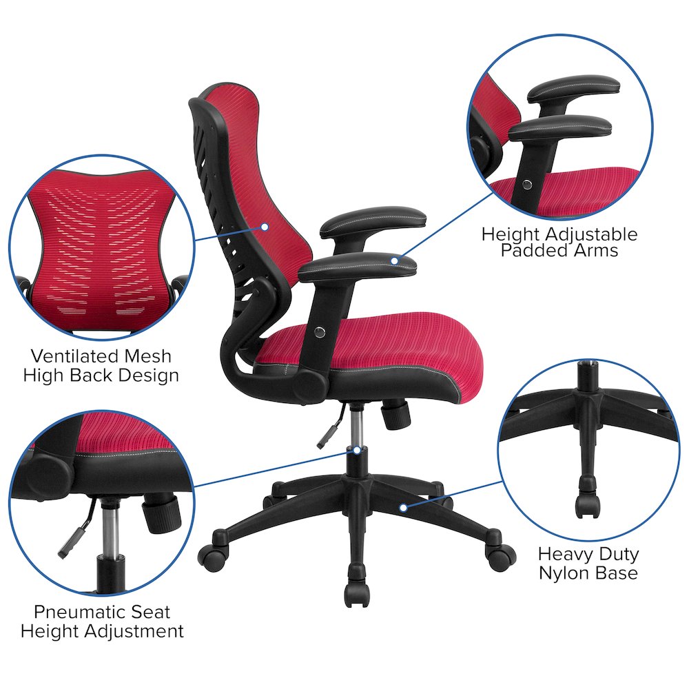High Back Designer Burgundy Mesh Executive Swivel Office Chair. Picture 5
