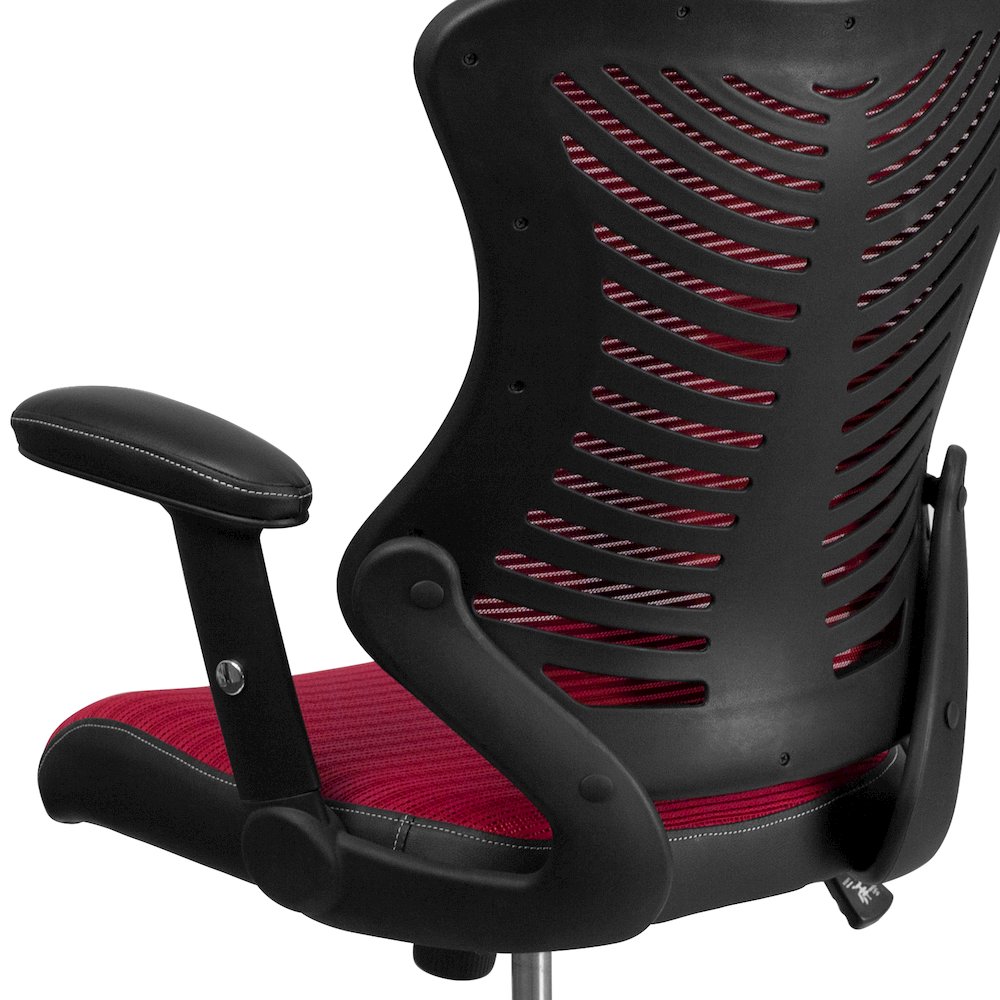 High Back Designer Burgundy Mesh Executive Swivel Office Chair. Picture 8