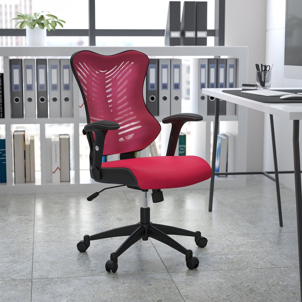 High Back Designer Burgundy Mesh Executive Swivel Office Chair. Picture 2