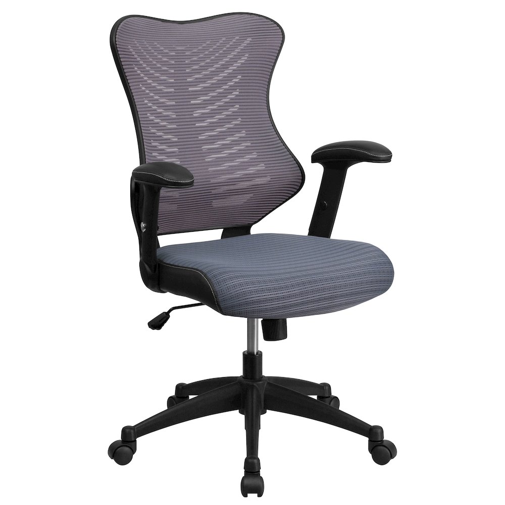 High Back Designer Gray Mesh Executive Swivel Office Chair with Adjustable Arms. Picture 1