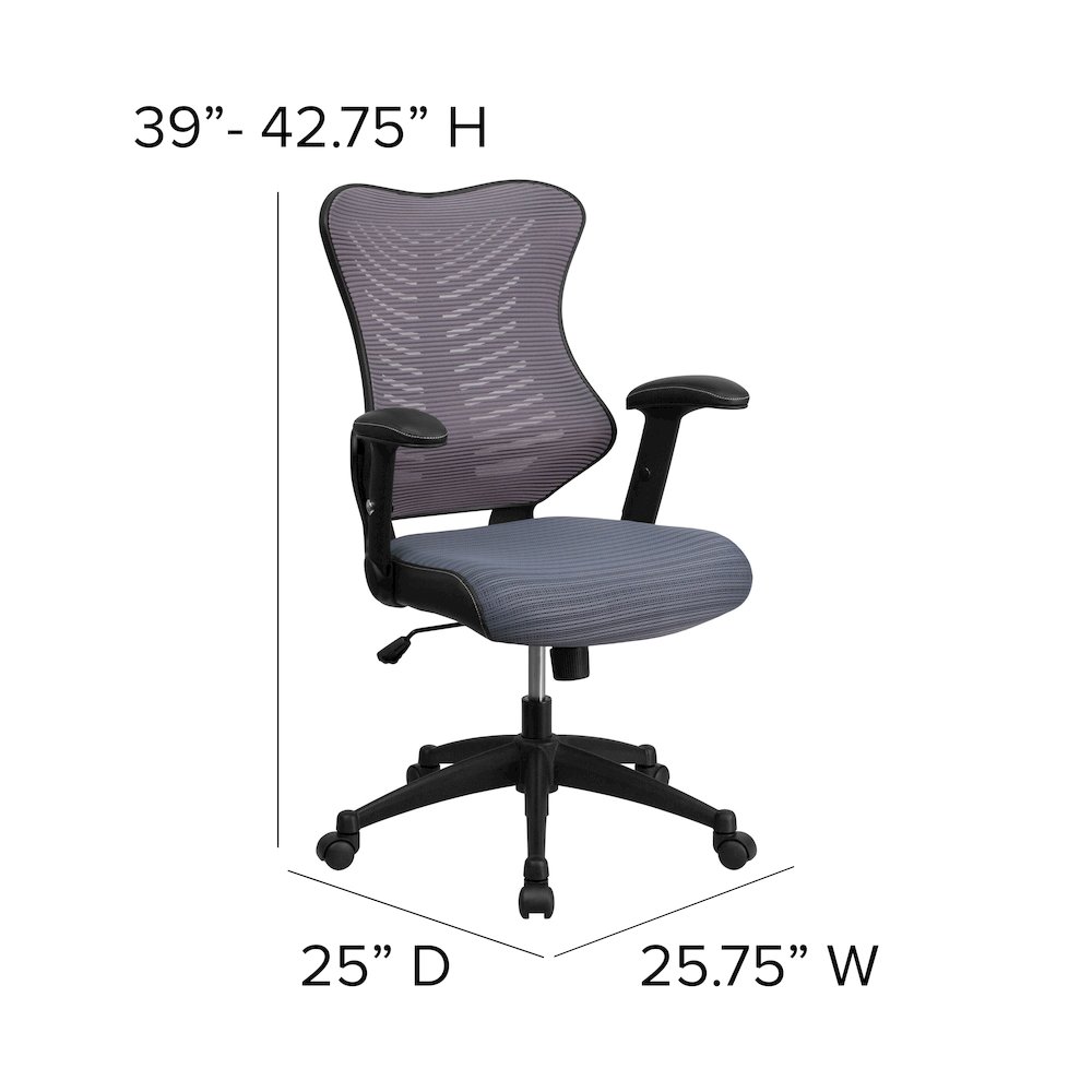 High Back Designer Gray Mesh Executive Swivel Office Chair with Adjustable Arms. Picture 6