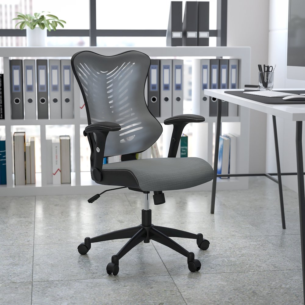 High Back Designer Gray Mesh Executive Swivel Office Chair with Adjustable Arms. Picture 2