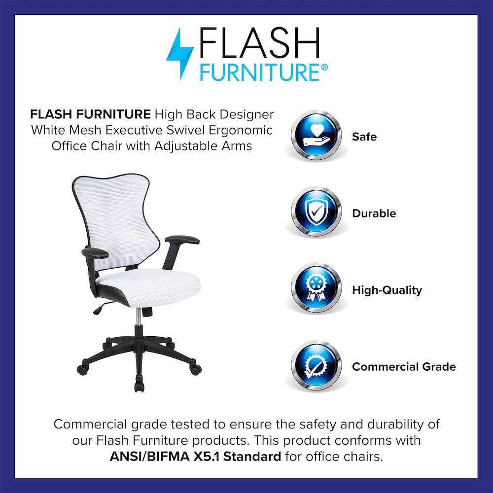 High Back Designer White Mesh Executive Swivel Office Chair with Adjustable Arms. Picture 4