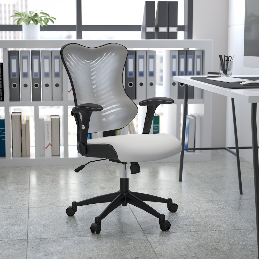 High Back Designer White Mesh Executive Swivel Office Chair with Adjustable Arms. Picture 2