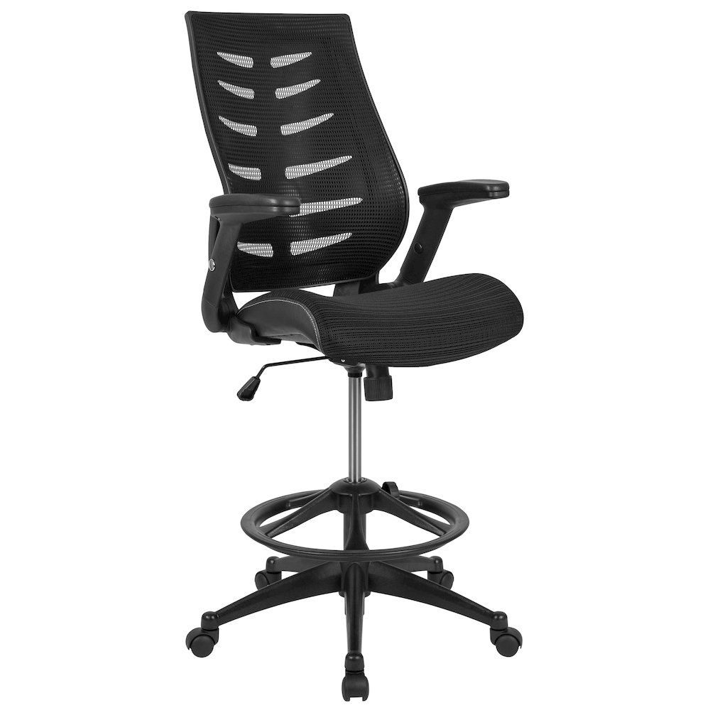 High Back Black Mesh Spine-Back Ergonomic Drafting Chair with Adjustable Foot Ring and Adjustable Flip-Up Arms. Picture 1