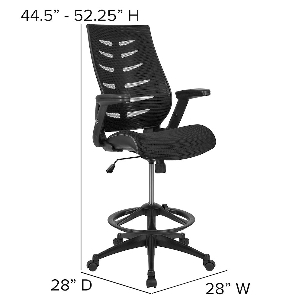 High Back Black Mesh Spine-Back Ergonomic Drafting Chair with Adjustable Foot Ring and Adjustable Flip-Up Arms. Picture 2
