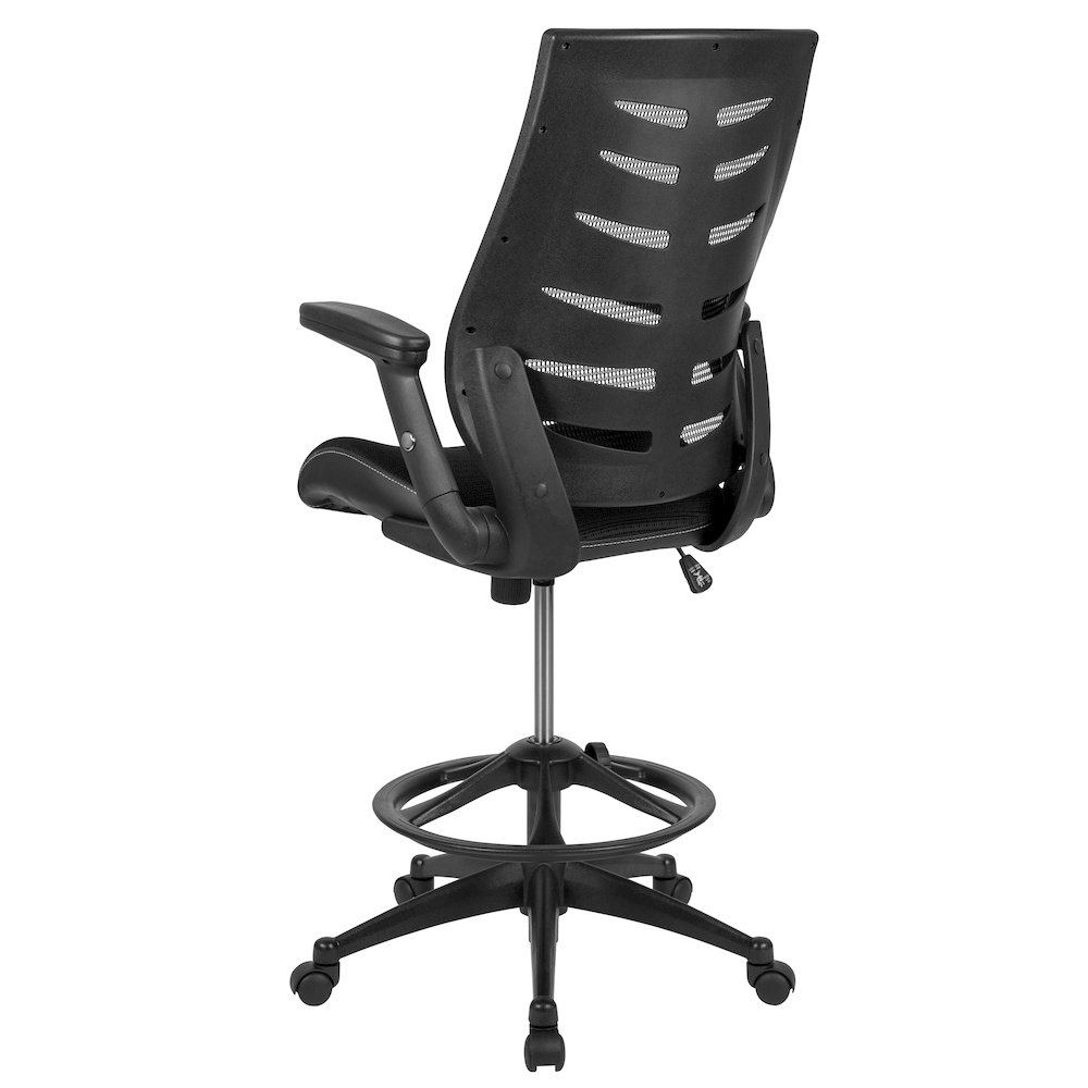 High Back Black Mesh Spine-Back Ergonomic Drafting Chair with Adjustable Foot Ring and Adjustable Flip-Up Arms. Picture 4