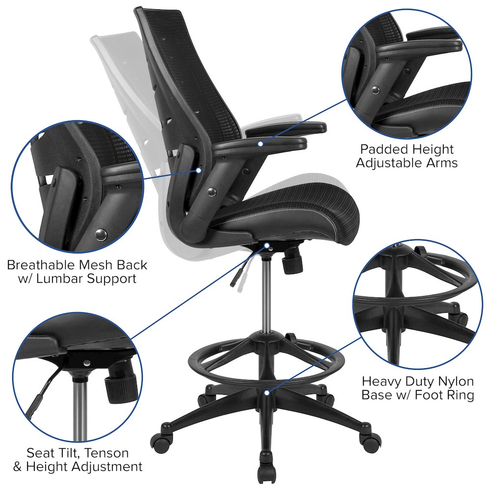 High Back Black Mesh Spine-Back Ergonomic Drafting Chair with Adjustable Foot Ring and Adjustable Flip-Up Arms. Picture 6