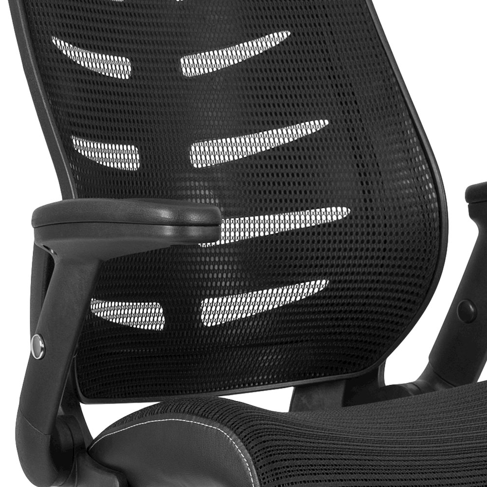 High Back Black Mesh Spine-Back Ergonomic Drafting Chair with Adjustable Foot Ring and Adjustable Flip-Up Arms. Picture 7