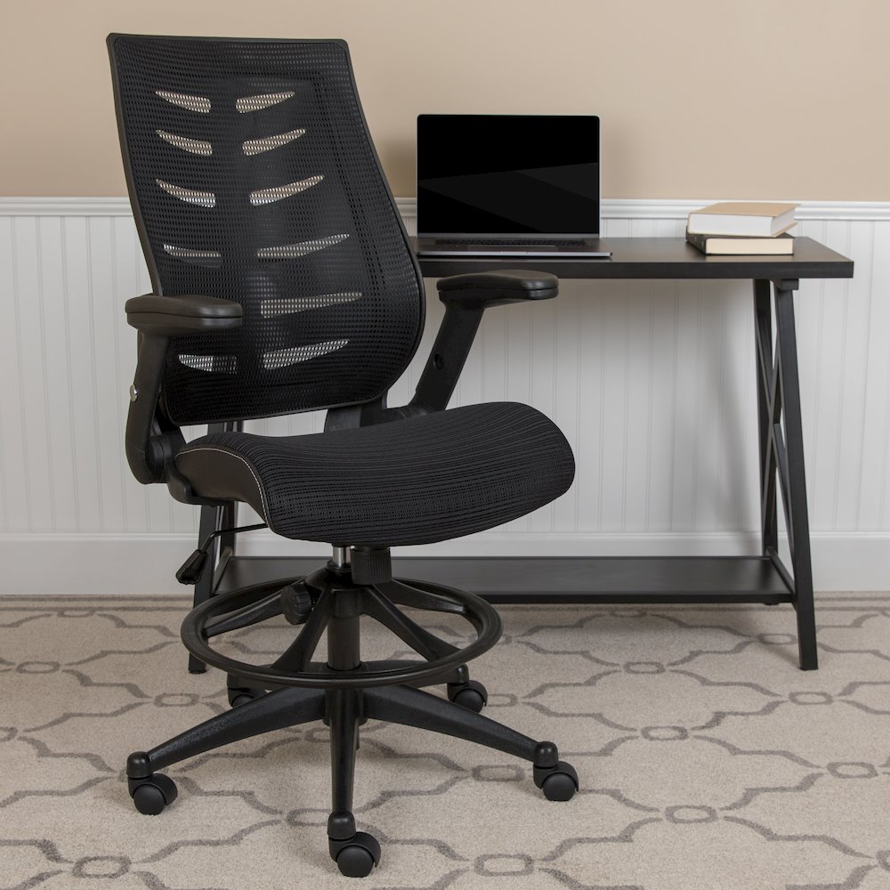 High Back Black Mesh Spine-Back Ergonomic Drafting Chair with Adjustable Foot Ring and Adjustable Flip-Up Arms. Picture 11