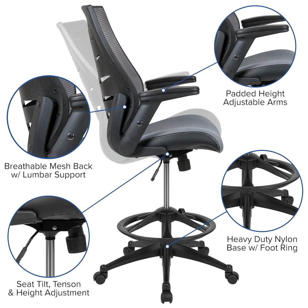 High Back Dark Gray Mesh Spine-Back Drafting Chair. Picture 5