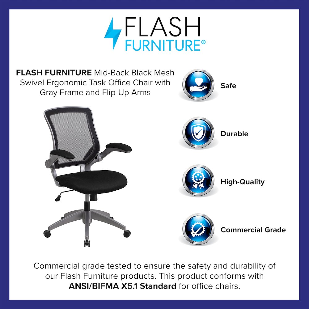 Mid-Back Black Mesh Swivel Task Office Chair with Gray Frame and Flip-Up Arms. Picture 4