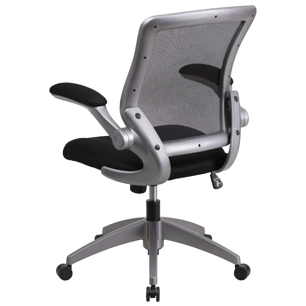 Mid-Back Black Mesh Swivel Ergonomic Task Office Chair with Gray Frame and Flip-Up Arms. Picture 4