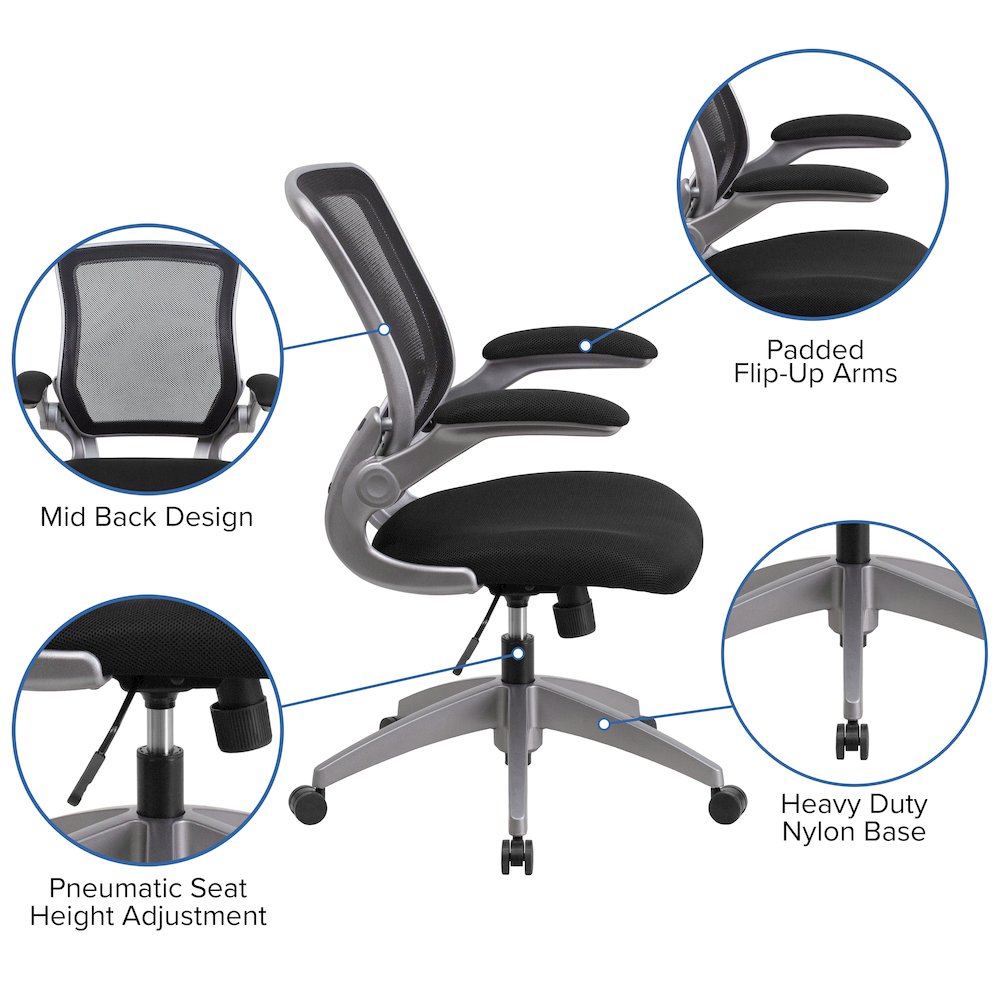 Mid-Back Black Mesh Swivel Ergonomic Task Office Chair with Gray Frame and Flip-Up Arms. Picture 6