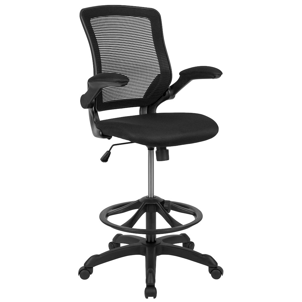 Mid-Back Black Mesh Drafting Chair with Adjustable Foot Ring and Flip-Up Arms. Picture 1