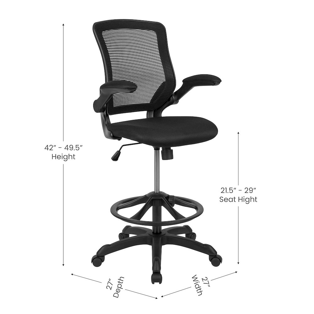 Mid-Back Black Mesh Drafting Chair with Adjustable Foot Ring and Flip-Up Arms. Picture 7