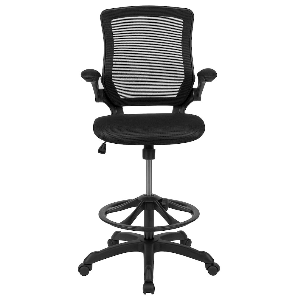 Mid-Back Black Mesh Drafting Chair with Adjustable Foot Ring and Flip-Up Arms. Picture 13