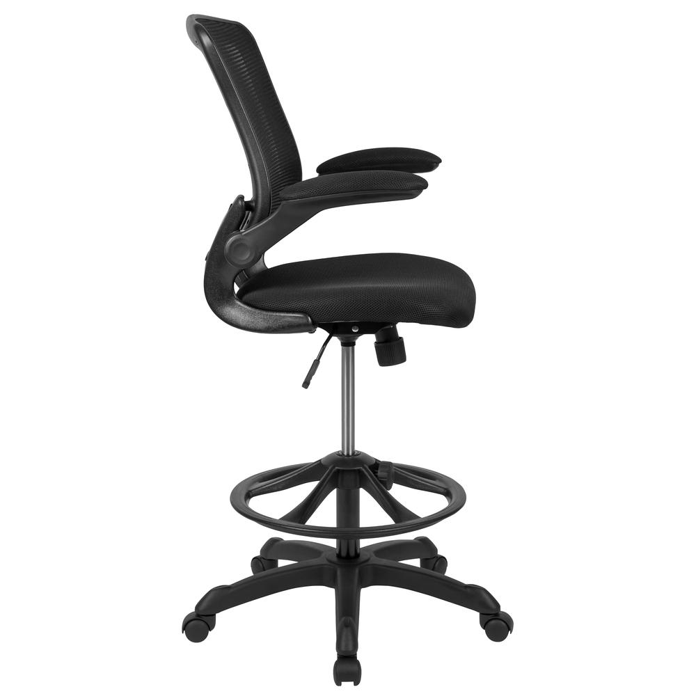 Mid-Back Black Mesh Ergonomic Drafting Chair with Adjustable Foot Ring and Flip-Up Arms. Picture 3