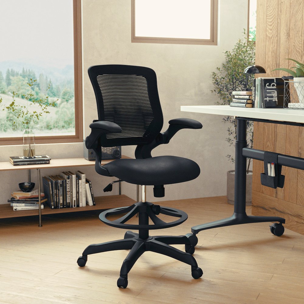 Mid-Back Black Mesh Drafting Chair with Adjustable Foot Ring and Flip-Up Arms. Picture 2