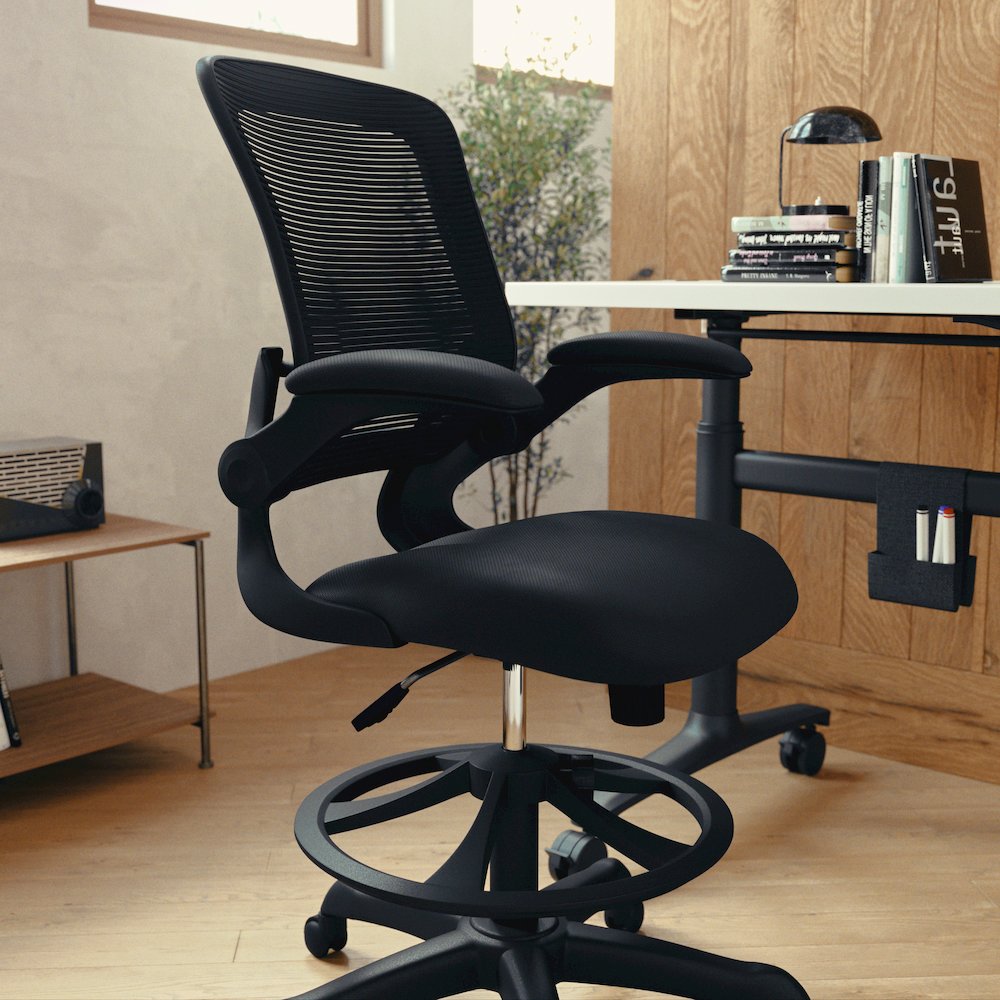Mid-Back Black Mesh Drafting Chair with Adjustable Foot Ring and Flip-Up Arms. Picture 9