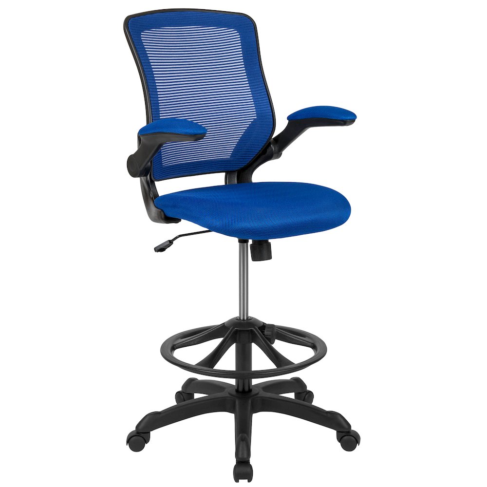 Mid-Back Blue Mesh Drafting Chair with Adjustable Foot Ring and Flip-Up Arms. Picture 1