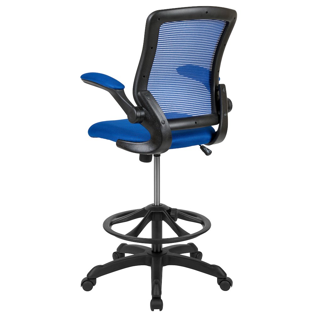 Mid-Back Blue Mesh Drafting Chair with Adjustable Foot Ring and Flip-Up Arms. Picture 10