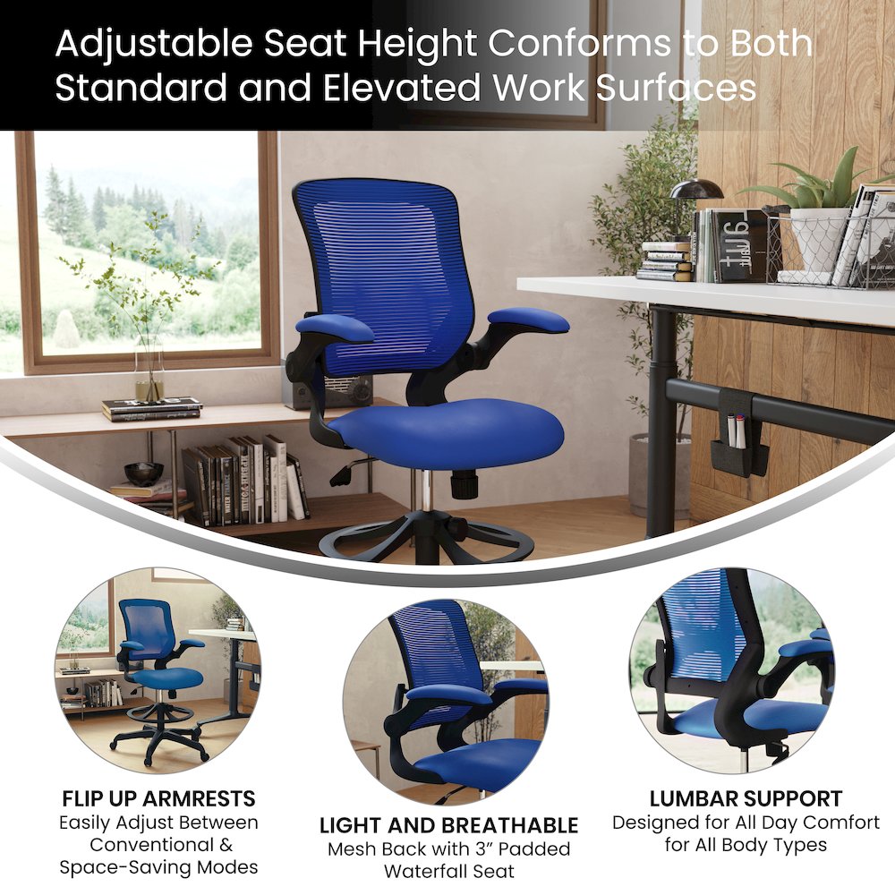 Mid-Back Blue Mesh Drafting Chair with Adjustable Foot Ring and Flip-Up Arms. Picture 5