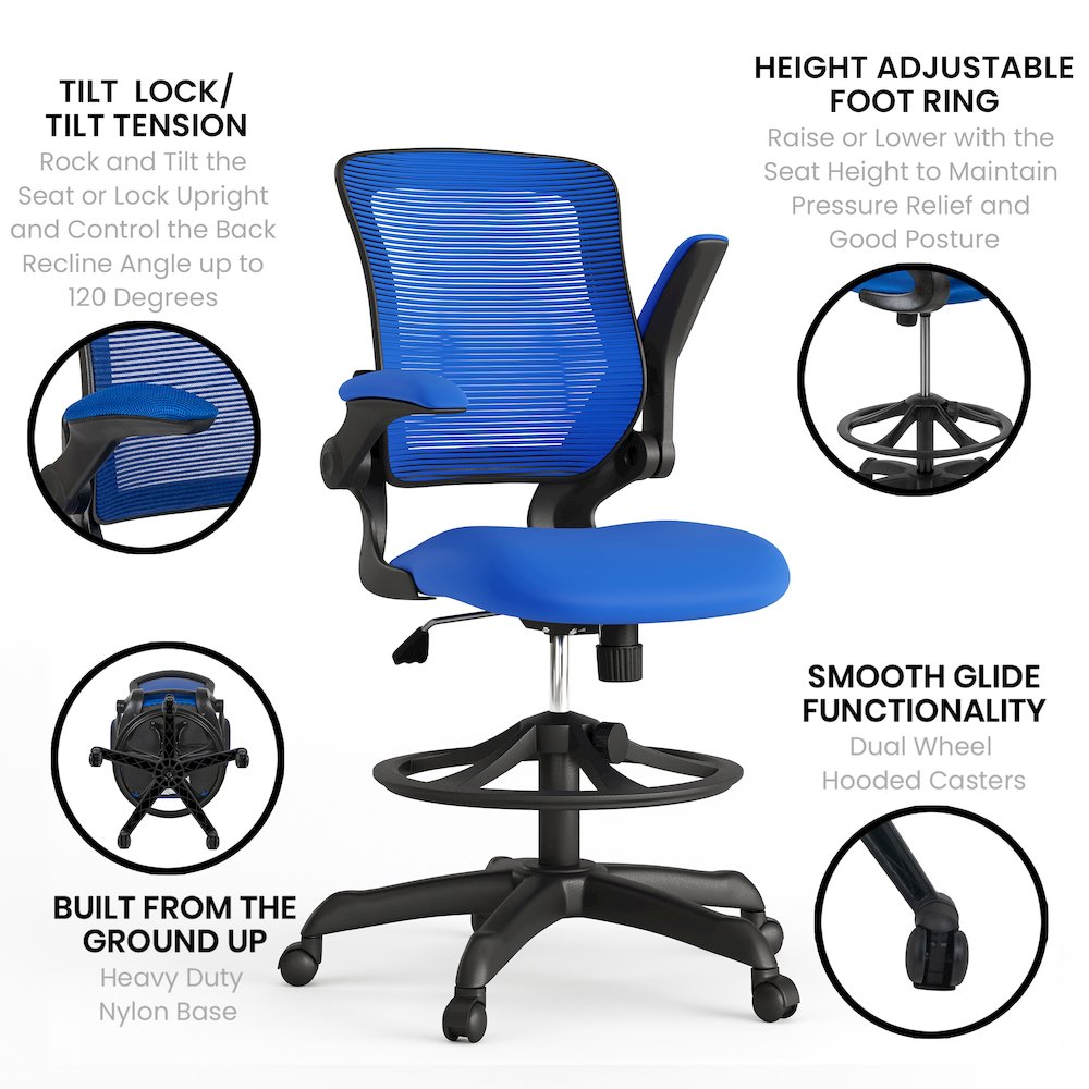 Mid-Back Blue Mesh Drafting Chair with Adjustable Foot Ring and Flip-Up Arms. Picture 6