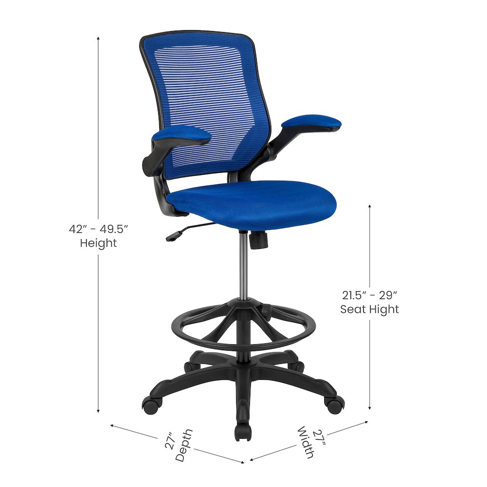Mid-Back Blue Mesh Drafting Chair with Adjustable Foot Ring and Flip-Up Arms. Picture 7