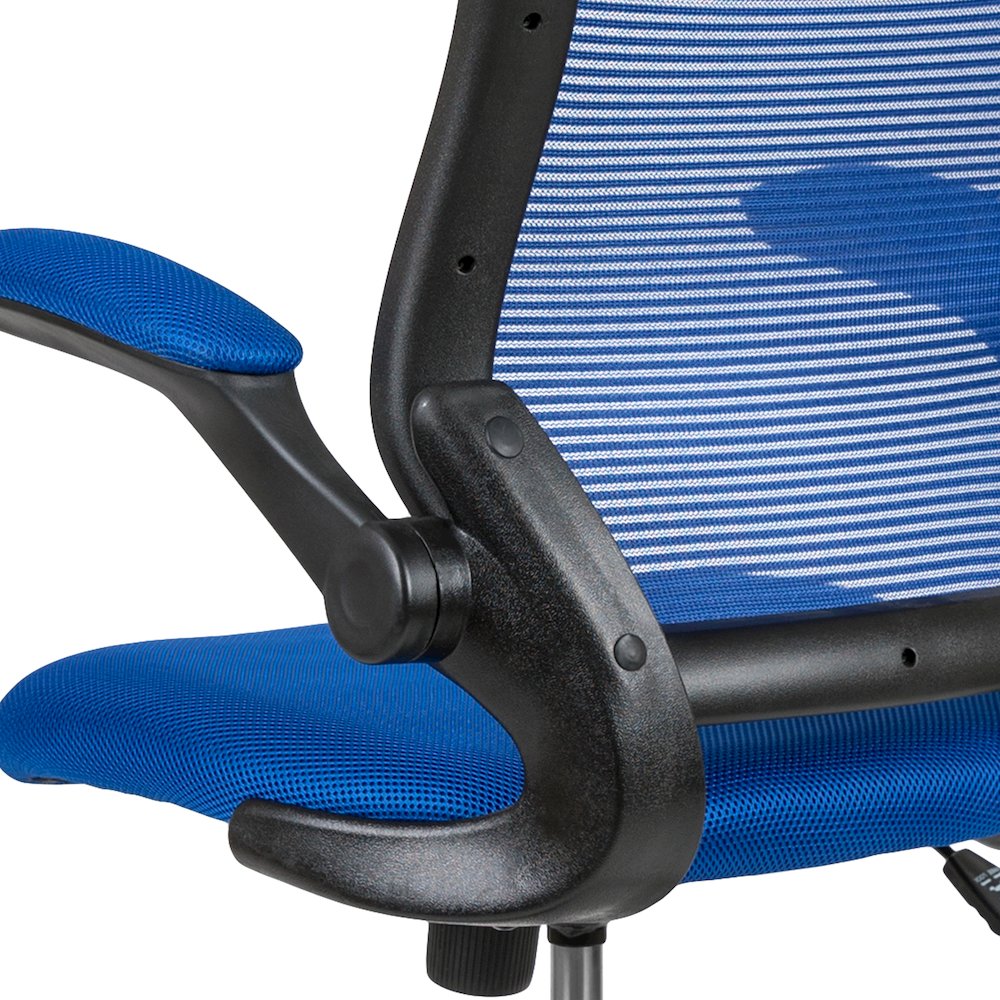 Mid-Back Blue Mesh Drafting Chair with Adjustable Foot Ring and Flip-Up Arms. Picture 11