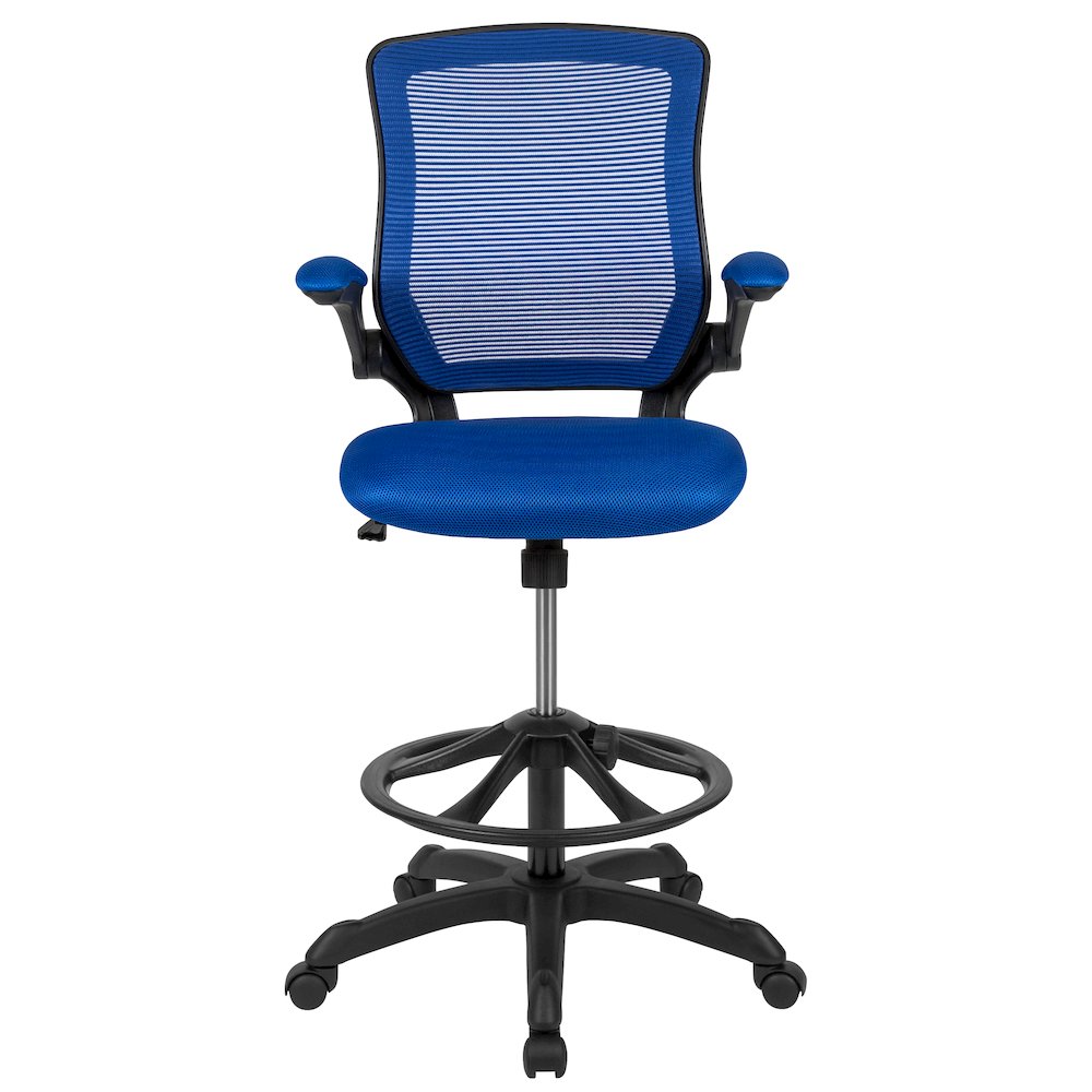 Mid-Back Blue Mesh Drafting Chair with Adjustable Foot Ring and Flip-Up Arms. Picture 13