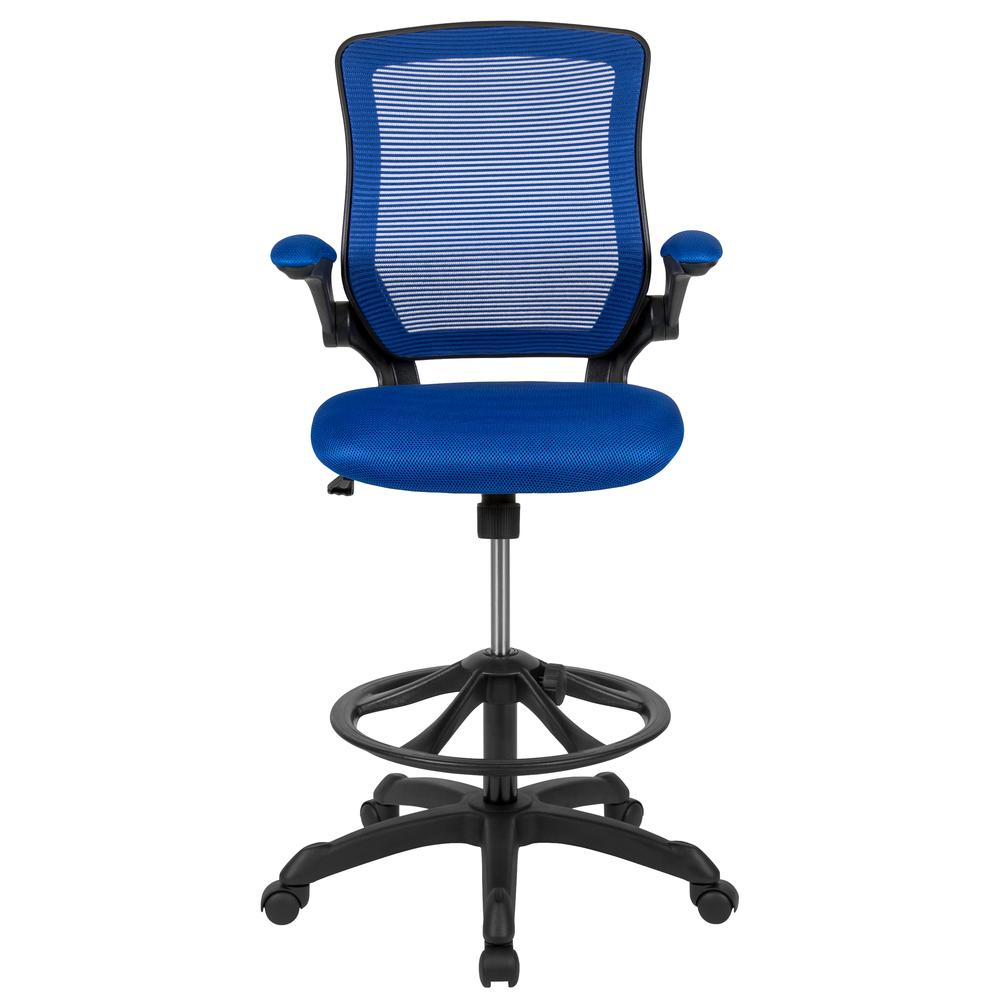Mid-Back Blue Mesh Ergonomic Drafting Chair with Adjustable Foot Ring and Flip-Up Arms. Picture 5