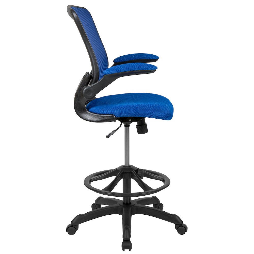 Mid-Back Blue Mesh Drafting Chair with Adjustable Foot Ring and Flip-Up Arms. Picture 12