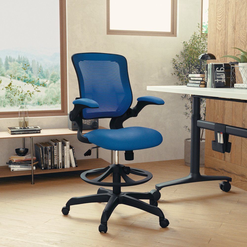 Mid-Back Blue Mesh Drafting Chair with Adjustable Foot Ring and Flip-Up Arms. Picture 2