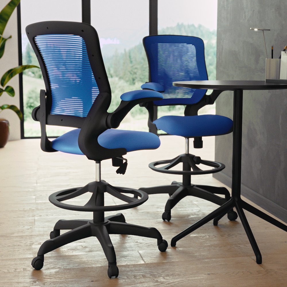 Mid-Back Blue Mesh Drafting Chair with Adjustable Foot Ring and Flip-Up Arms. Picture 8