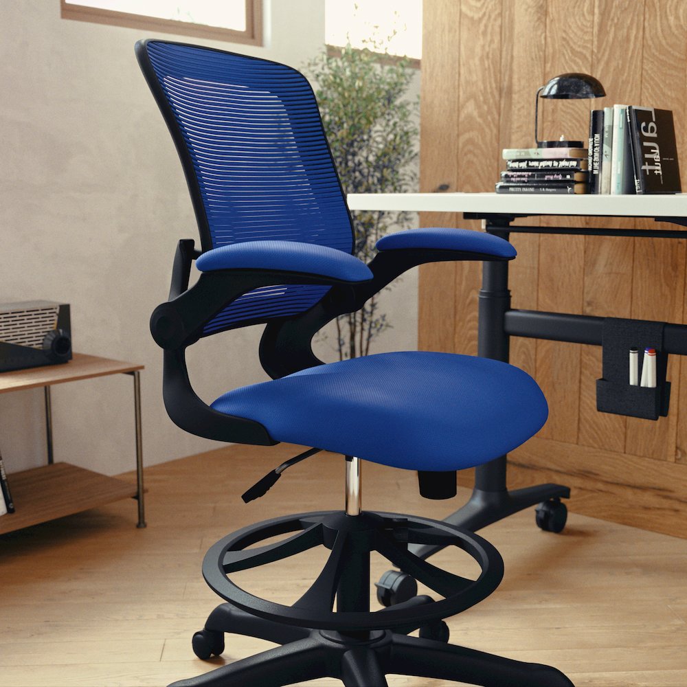 Mid-Back Blue Mesh Drafting Chair with Adjustable Foot Ring and Flip-Up Arms. Picture 9
