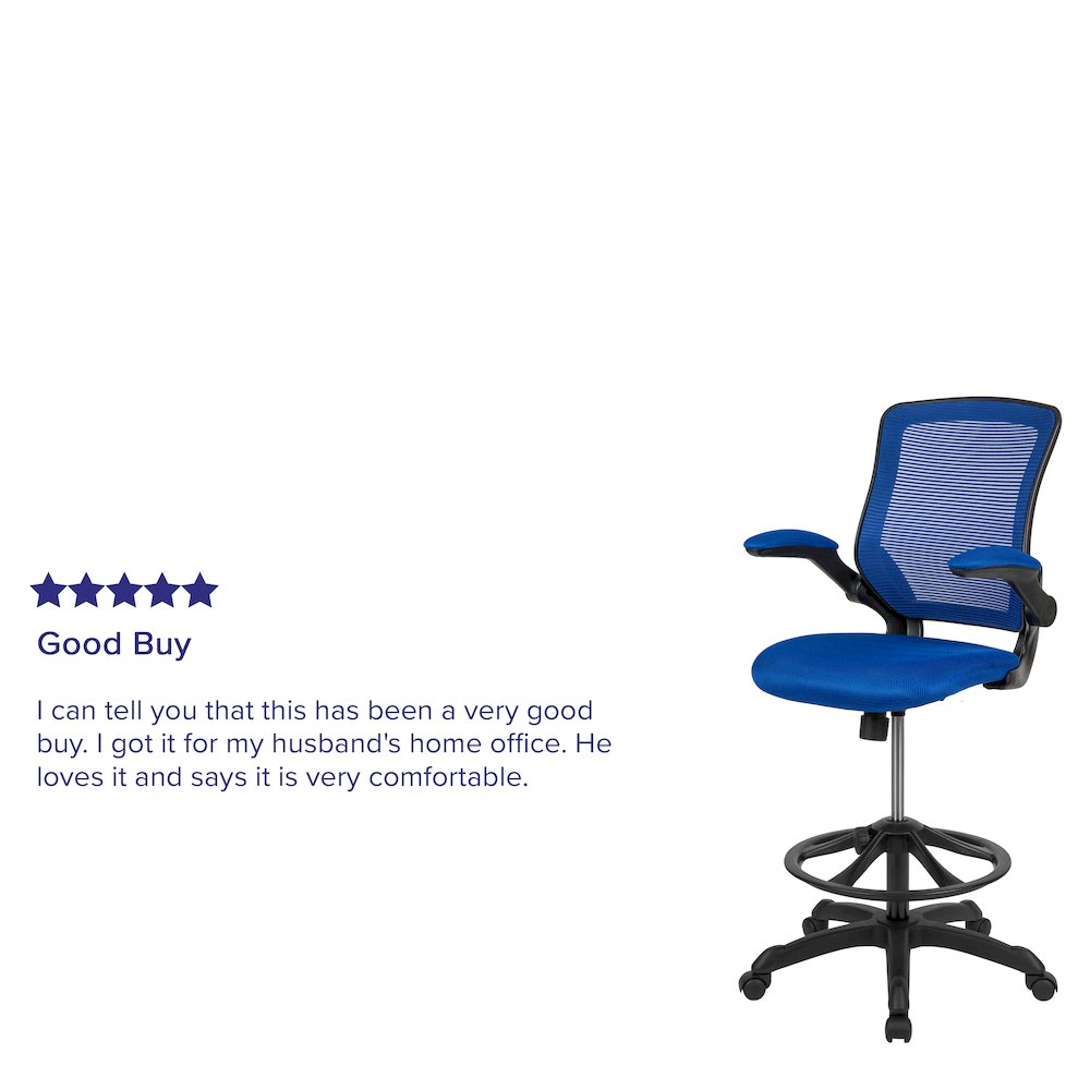 Mid-Back Blue Mesh Drafting Chair with Adjustable Foot Ring and Flip-Up Arms. Picture 4