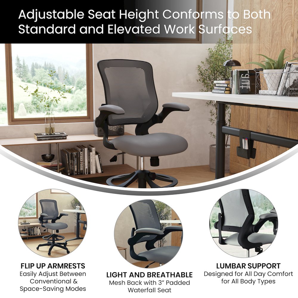 Mid-Back Dark Gray Mesh Drafting Chair with Adjustable Foot Ring. Picture 5