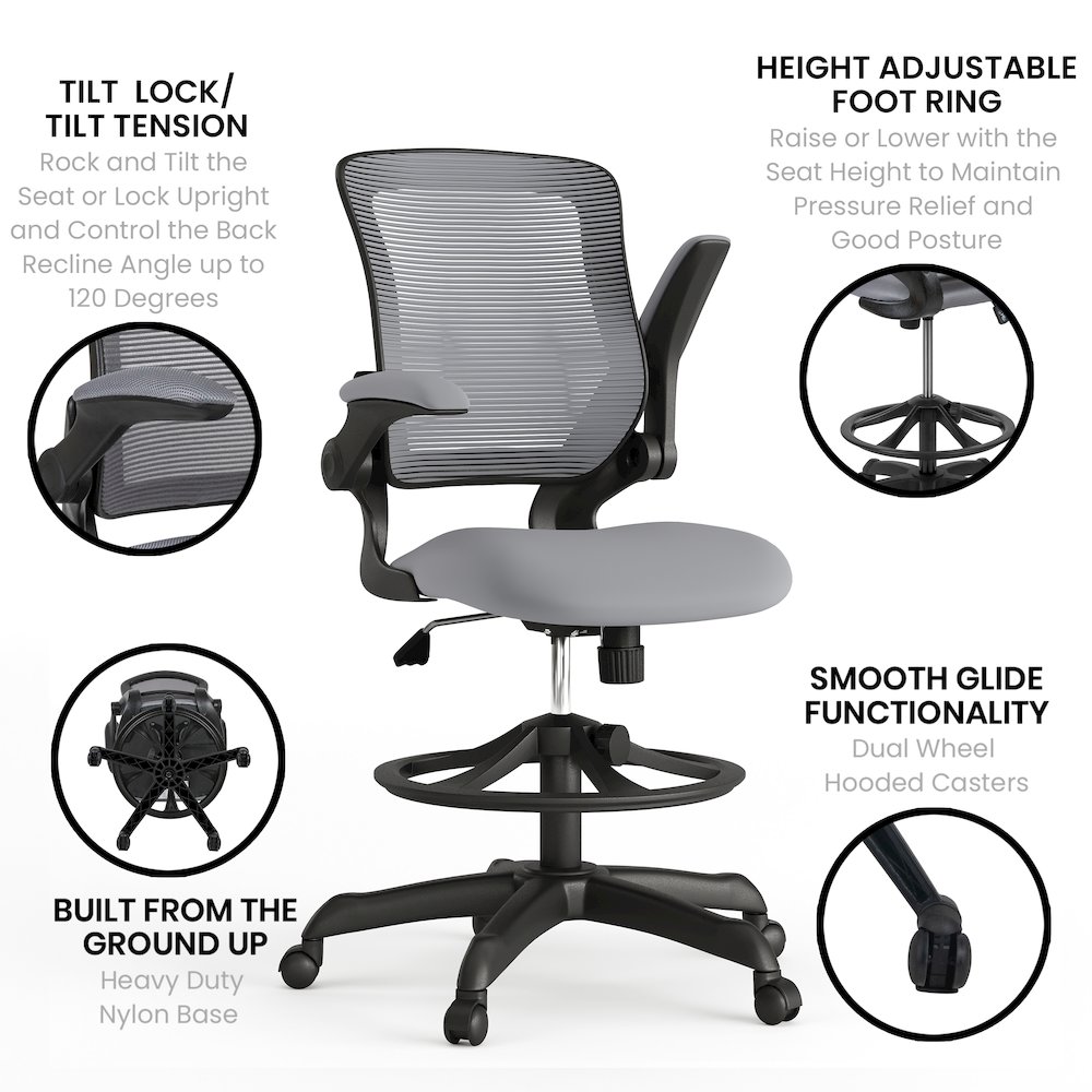 Mid-Back Dark Gray Mesh Drafting Chair with Adjustable Foot Ring. Picture 6