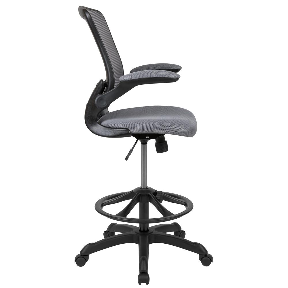 Mid-Back Dark Gray Mesh Ergonomic Drafting Chair with Adjustable Foot Ring and Flip-Up Arms. Picture 3